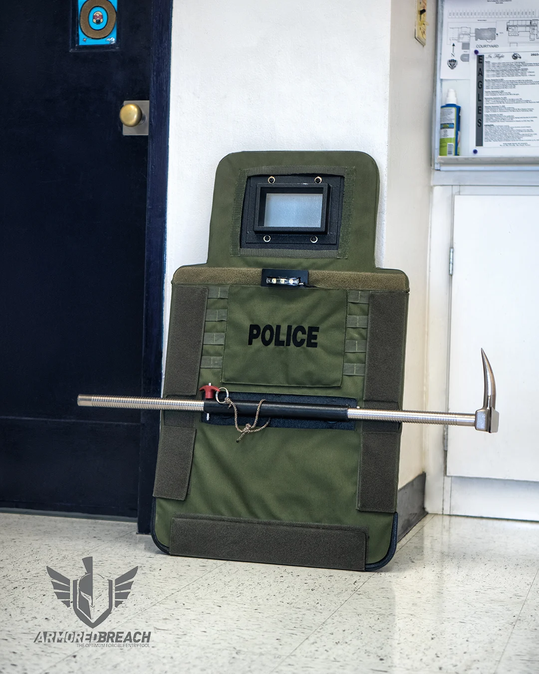 Guardian Breaching Shield with rifle-rated viewport and detachable Halligan tool